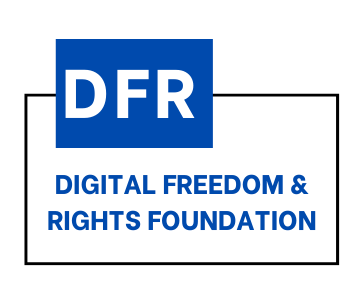 Logo of the Digital Freedom & Rights Foundation with a blue square and white text 'DFR', and the foundation's name below in blue.