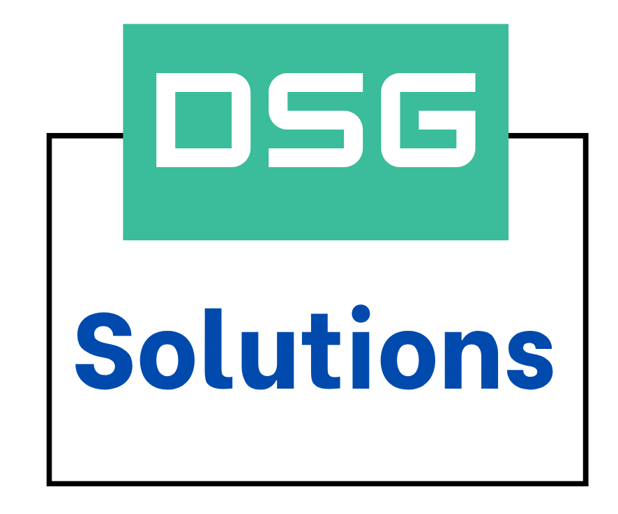 DSG Solutions logo with a teal square background and white text, and the word 'Solutions' in blue below it.