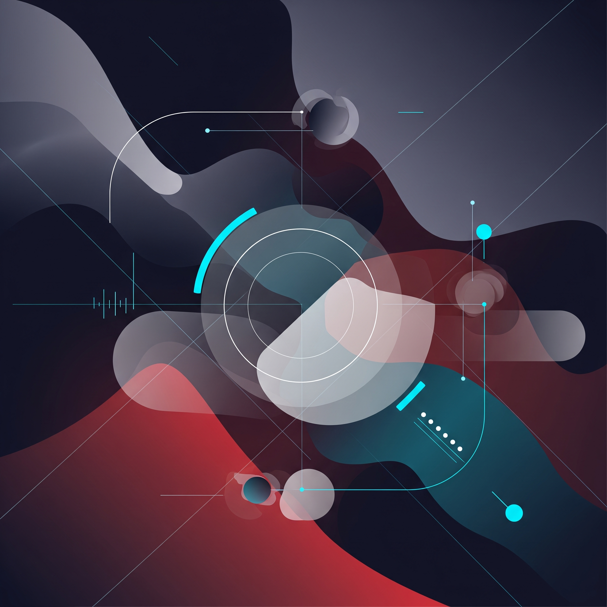 Abstract digital art with dark background, circles, lines, and glowing blue accents.