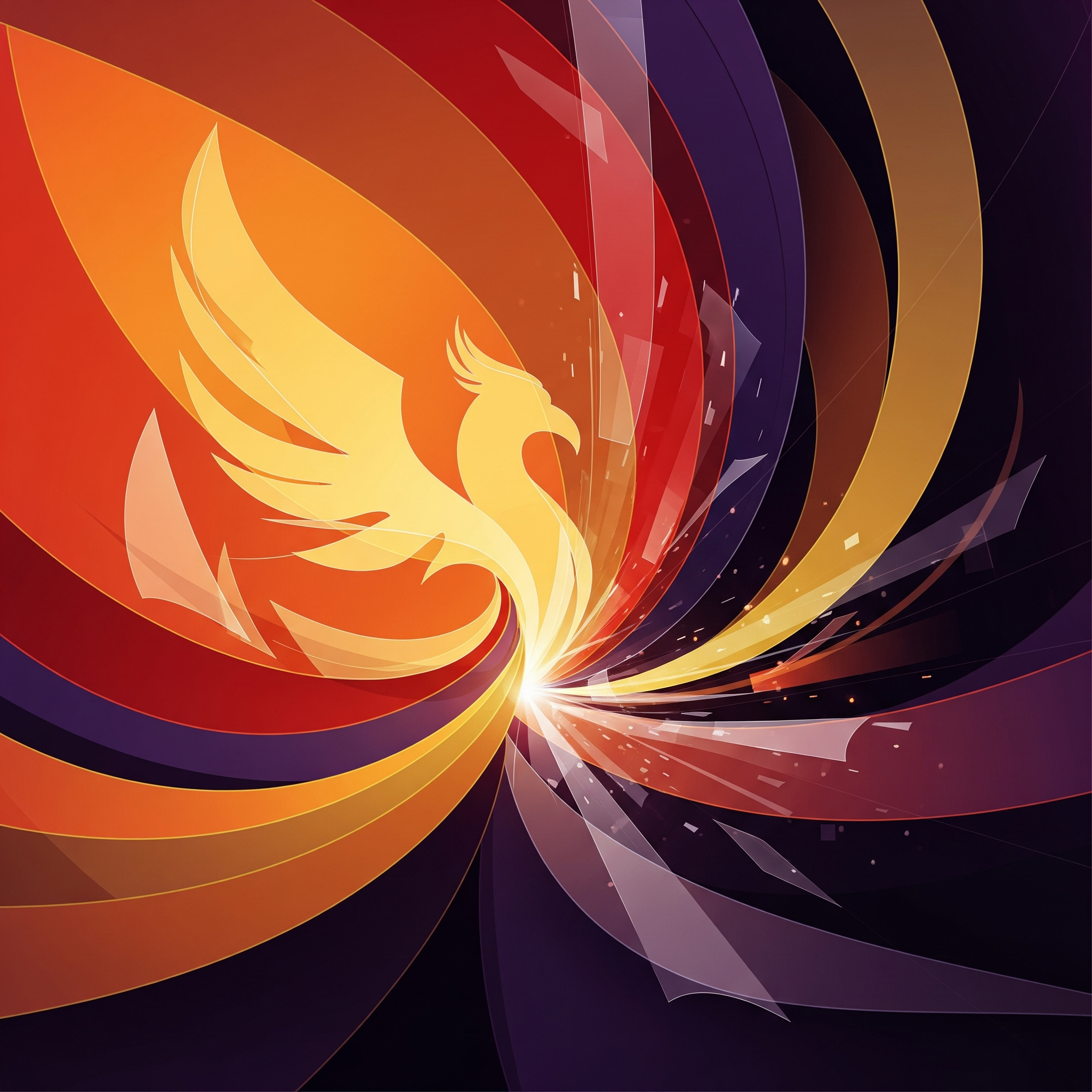 An abstract digital artwork with swirling bright yellow and orange flames on the left flowing into curved purple, red, and black shapes on the right, with a bright white light at the bottom center.