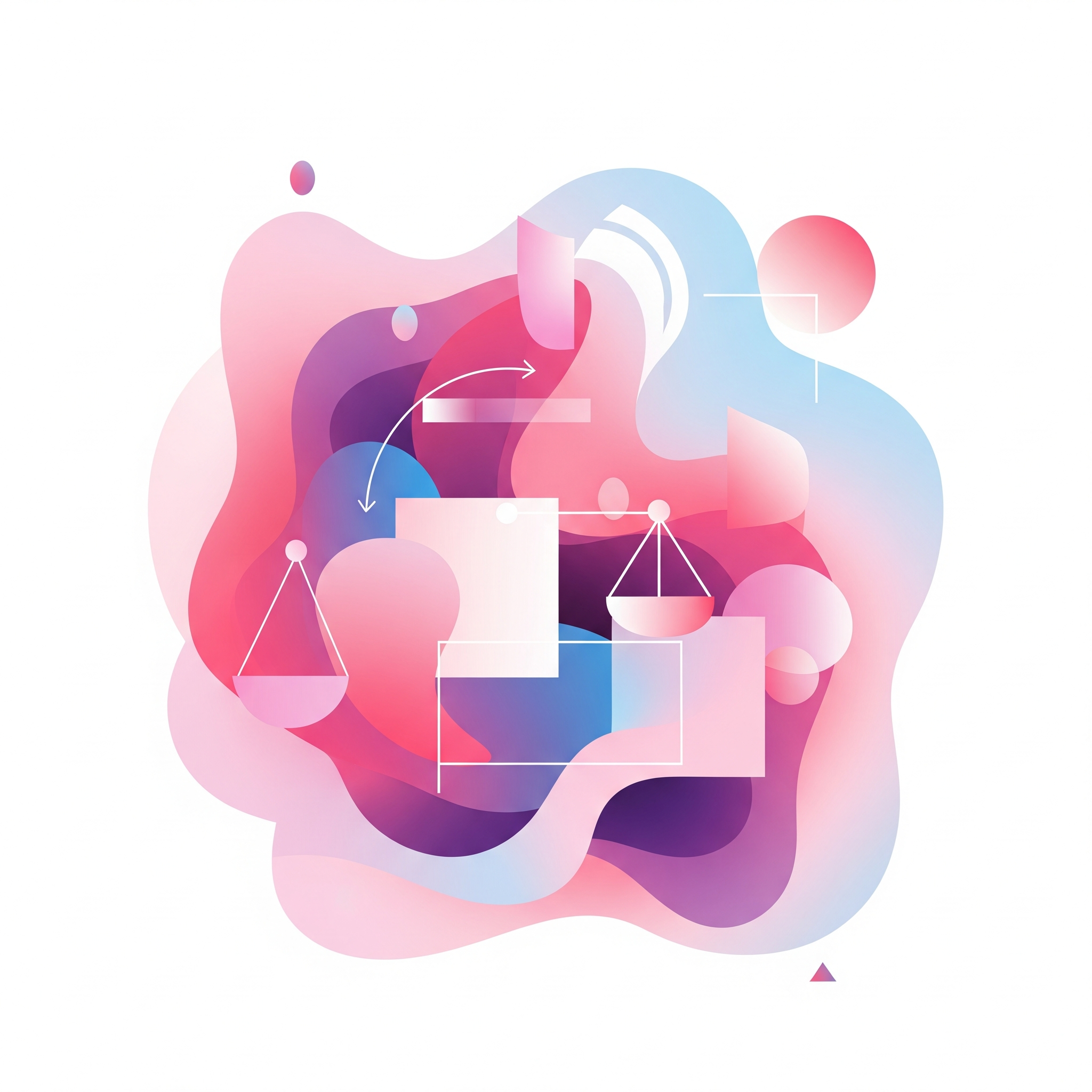Abstract digital art with pink and blue flowing shapes, circles, rectangles, and connecting white lines on a white background.