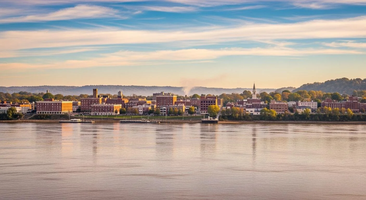 A cityscape along a river during sunset, with buildings, trees, a church steeple, and distant hills under a partly cloudy sky.