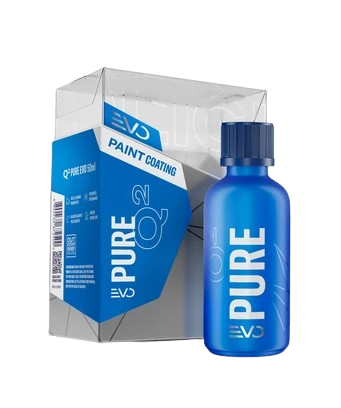 A blue bottle of EV Pure paint coating product next to its blue packaging box.