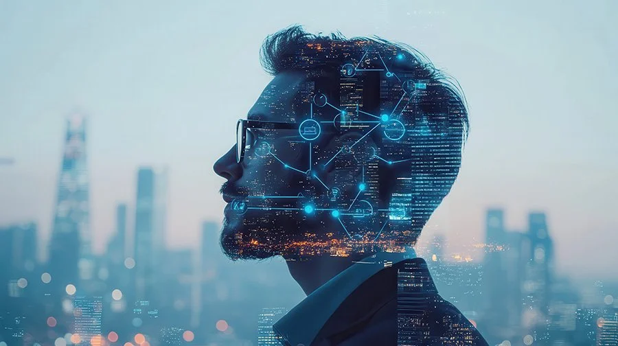 Profile silhouette of a man with glasses, overlaid with digital network graphics and city skyline in the background.