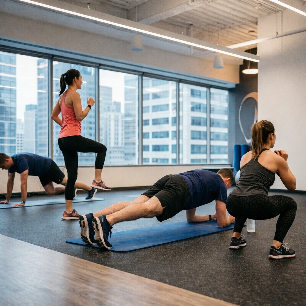 Groupe de personnes faisant un entraînement de fitness dans une salle moderne avec de grandes fenêtres et des gratte-ciel en arrière-plan.