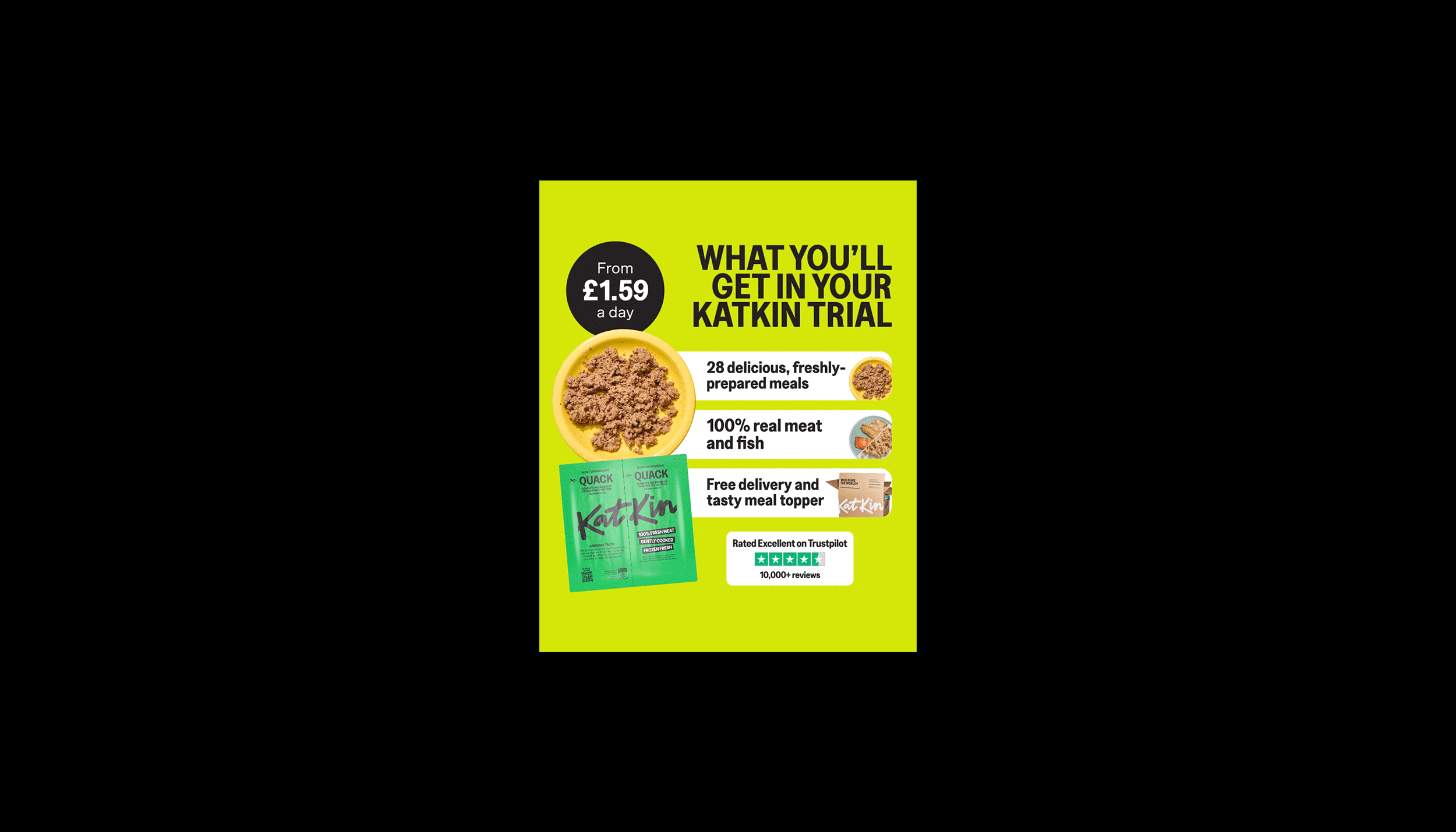 Bright green advertisement for a Katkin trial highlighting meal options, with images of packaged meals, and icons for delivery and reviews.