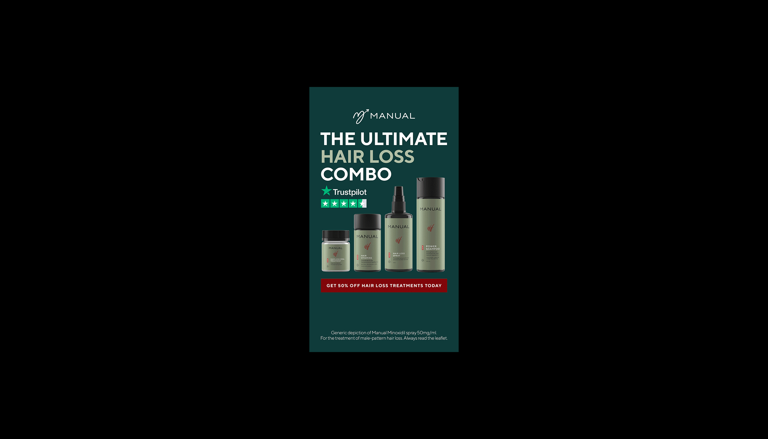 Promotional flyer for a hair loss treatment combo set, featuring four different hair care products from the Manual brand, with a Trustpilot 4-star review and a 50% discount offer.