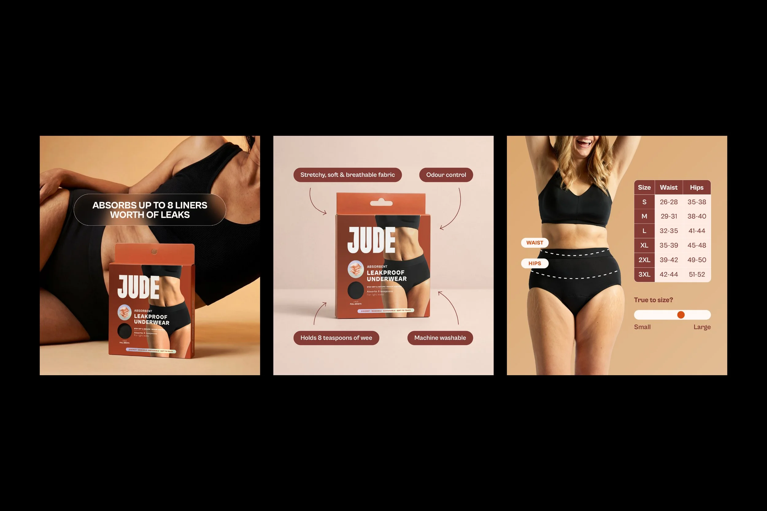 A three-panel advertisement for Jude bladder health supplements. The first panel highlights that it took 54,496 hours for the principal scientist to understand bladder health. The second panel shows a search bar with questions about urinary issues and displays Jude product with natural ingredients. The third panel features a hand holding a capsule, with a message about the time spent understanding bladder health and endorsements from BBC's "Dragon's Den" and stores Boots and H&B.