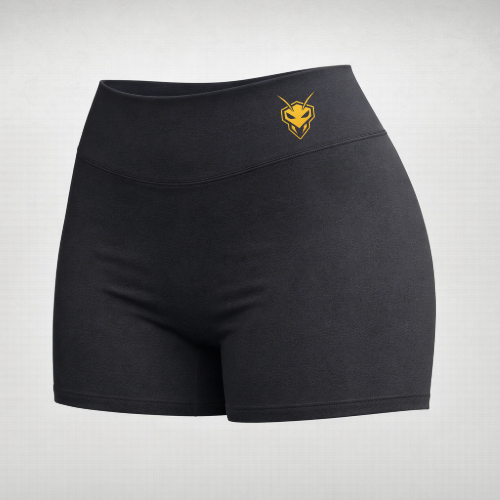 Black athletic shorts with a gold logo on the waistband.