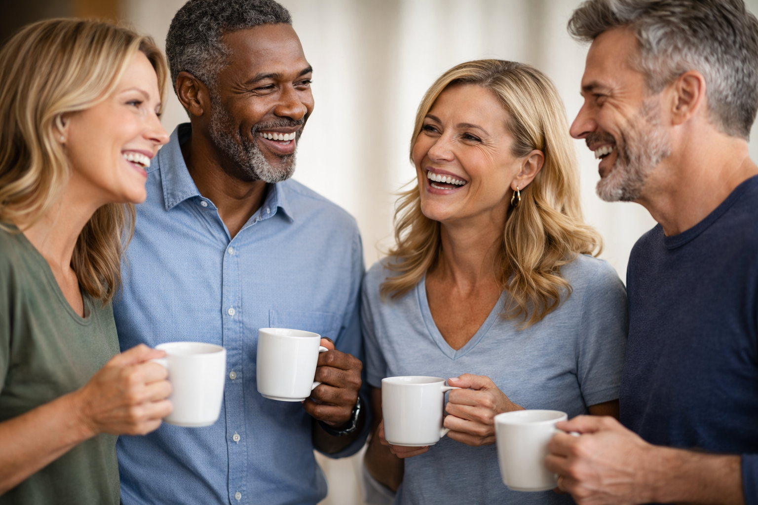 Group of five adults smiling and talking while holding white coffee mugs.