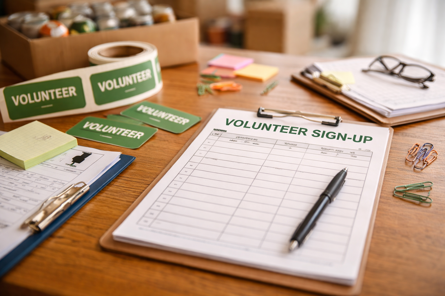 Volunteer sign-up sheet on a wooden desk with pens, paper clips, sticky notes, and volunteer stickers.