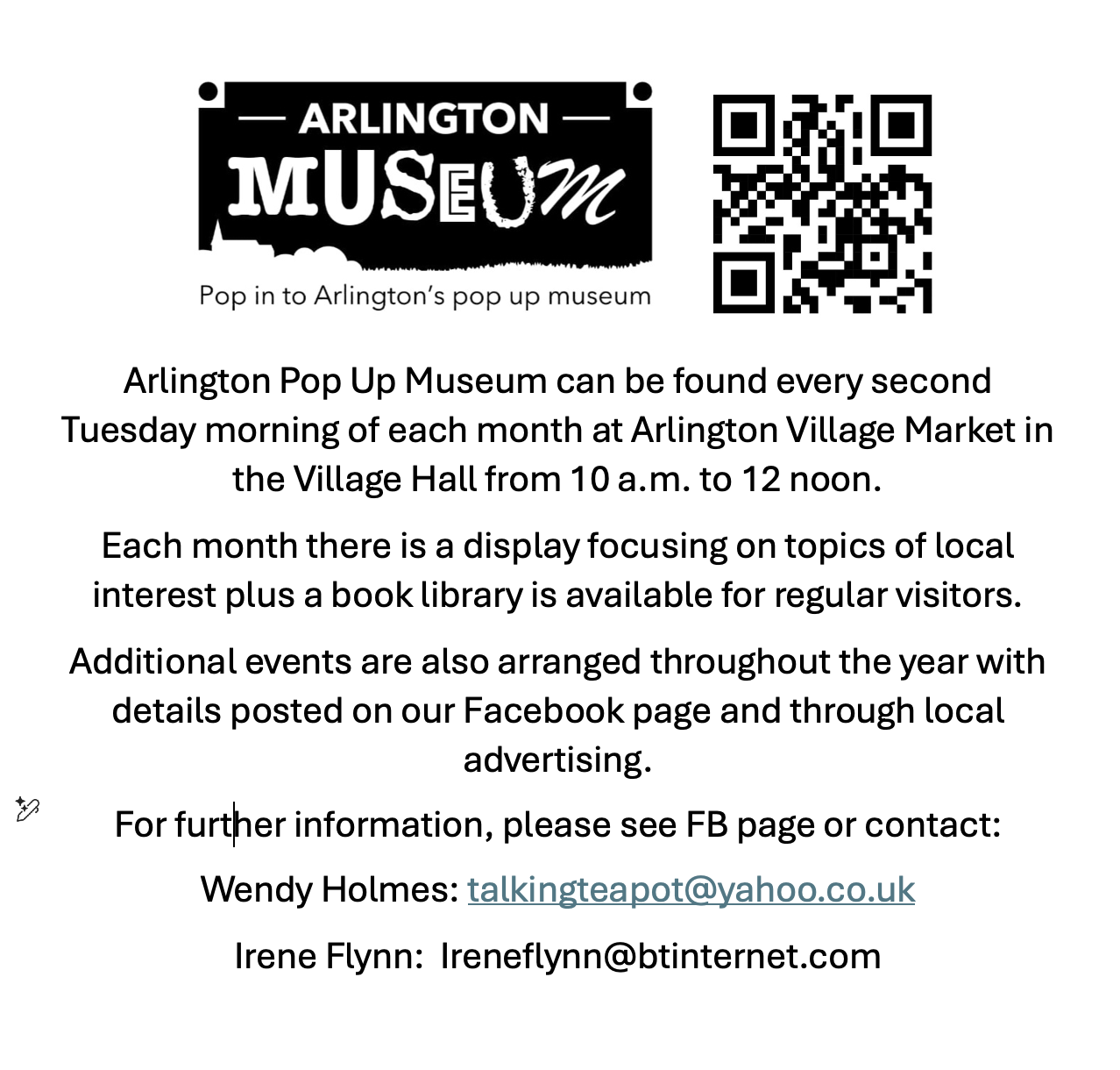 Flyer for Arlington Pop Up Museum, featuring a bold logo at the top, a QR code on the upper right, and informational text below about the museum's schedule, topics, and contacts.