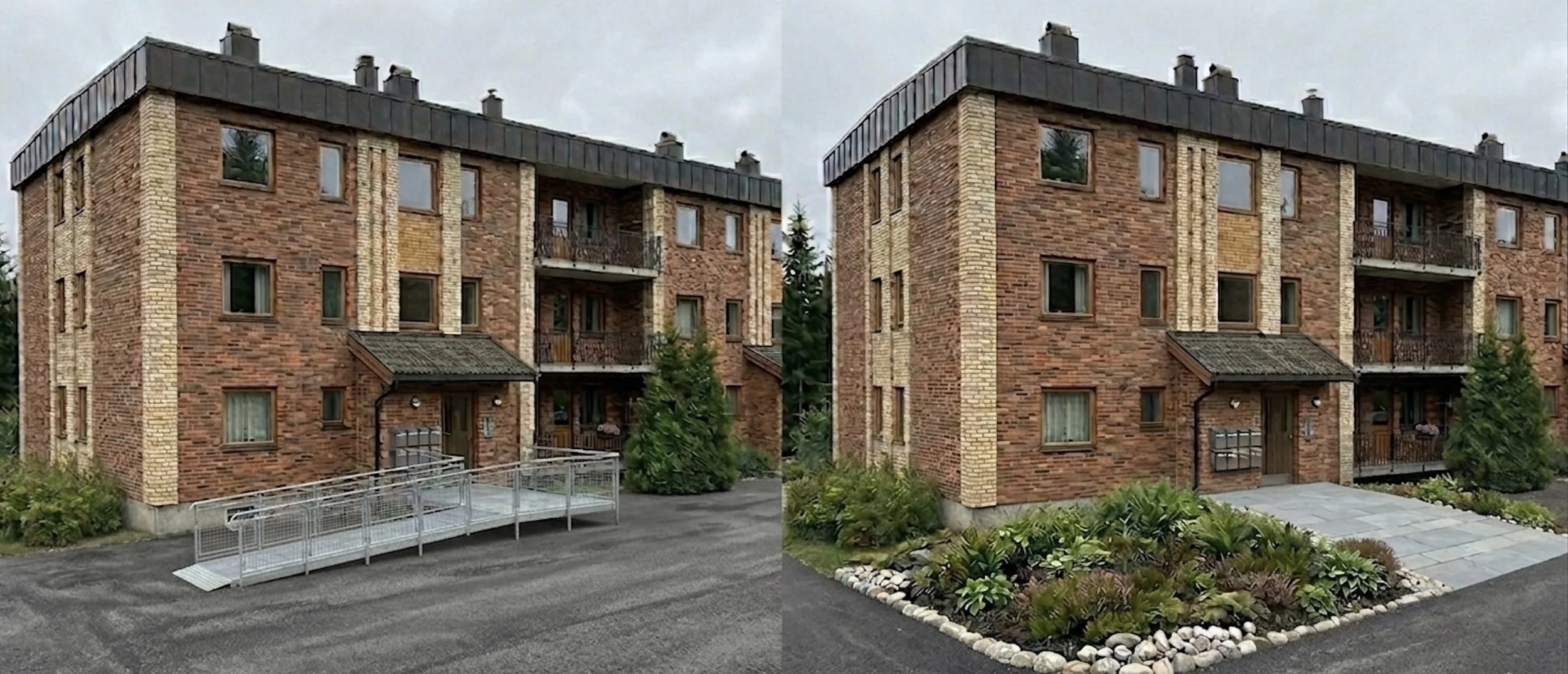 Inngangsparti i borettslag vist i to versjoner: til venstre en midlertidig modulrampe i metall, til høyre samme inngangsparti etter permanent oppgradering med steinheller og beplantning.