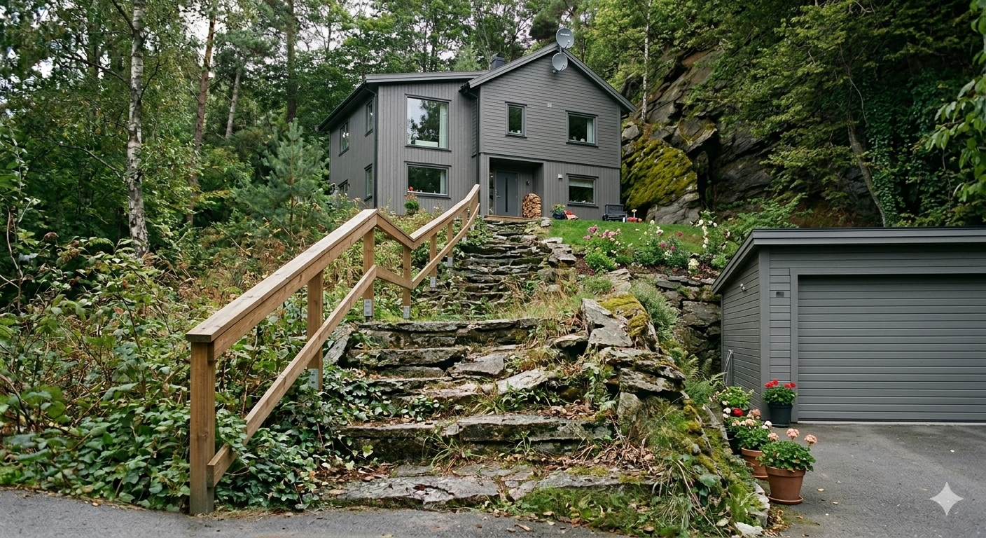 Lang trapp, ujevne steinheller og fjell på alle kanter. SjarmerenEnebolig høyt oppe i en skråning med lang, bratt steintrapp som eneste atkomst. Fjell og vegetasjon på begge sider. Ingen alternativ atkomst synlig.