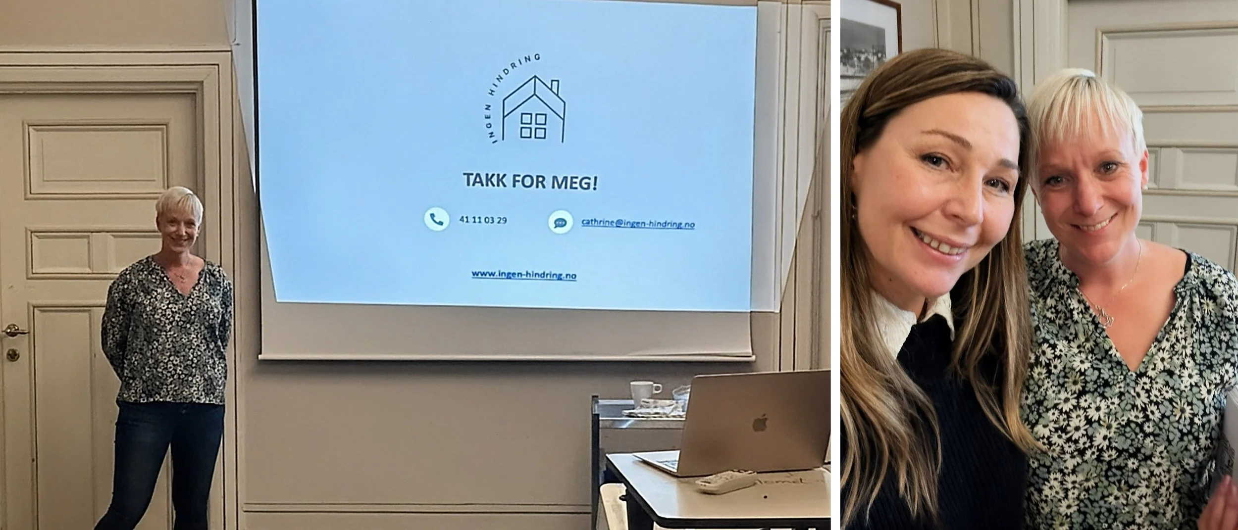 To bilder side om side. Til venstre står Cathrine Østvik ved siden av et lerret med Ingen Hindrings logo og teksten «Takk for meg!». Til høyre en selfie av Christina Pedersen, leder i Asker Revmatikerforening, og Cathrine, som smiler sammen.