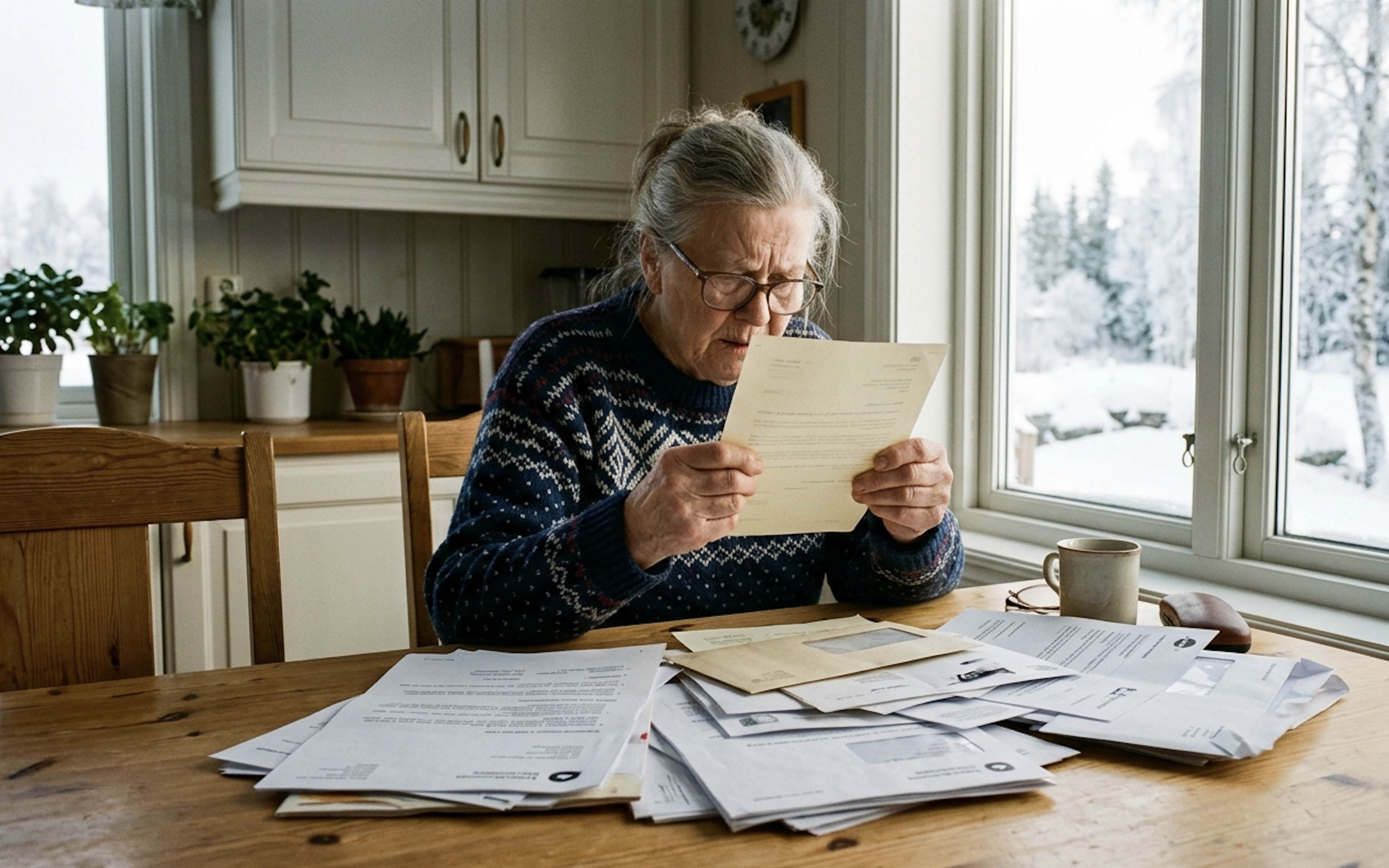 En eldre kvinne sitter alene ved et kjøkkenbord og holder et brev tett inntil ansiktet for å kunne lese det. Foran henne ligger en stor bunke med brev og dokumenter. Vinterlandskap utenfor vinduet.