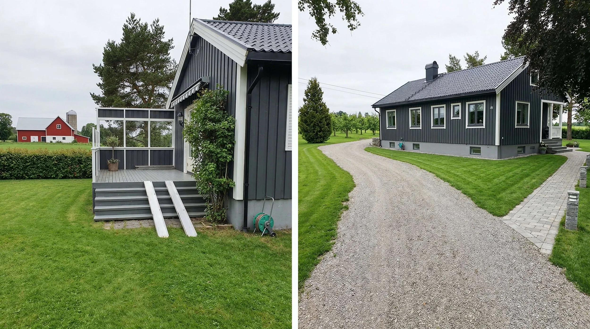 Før- og etterbilde. Første bilde viser trapp med 5 trinn opp til terrasse. På neste bilde er trappen erstattet med en vei og bakke opp til terrasse.