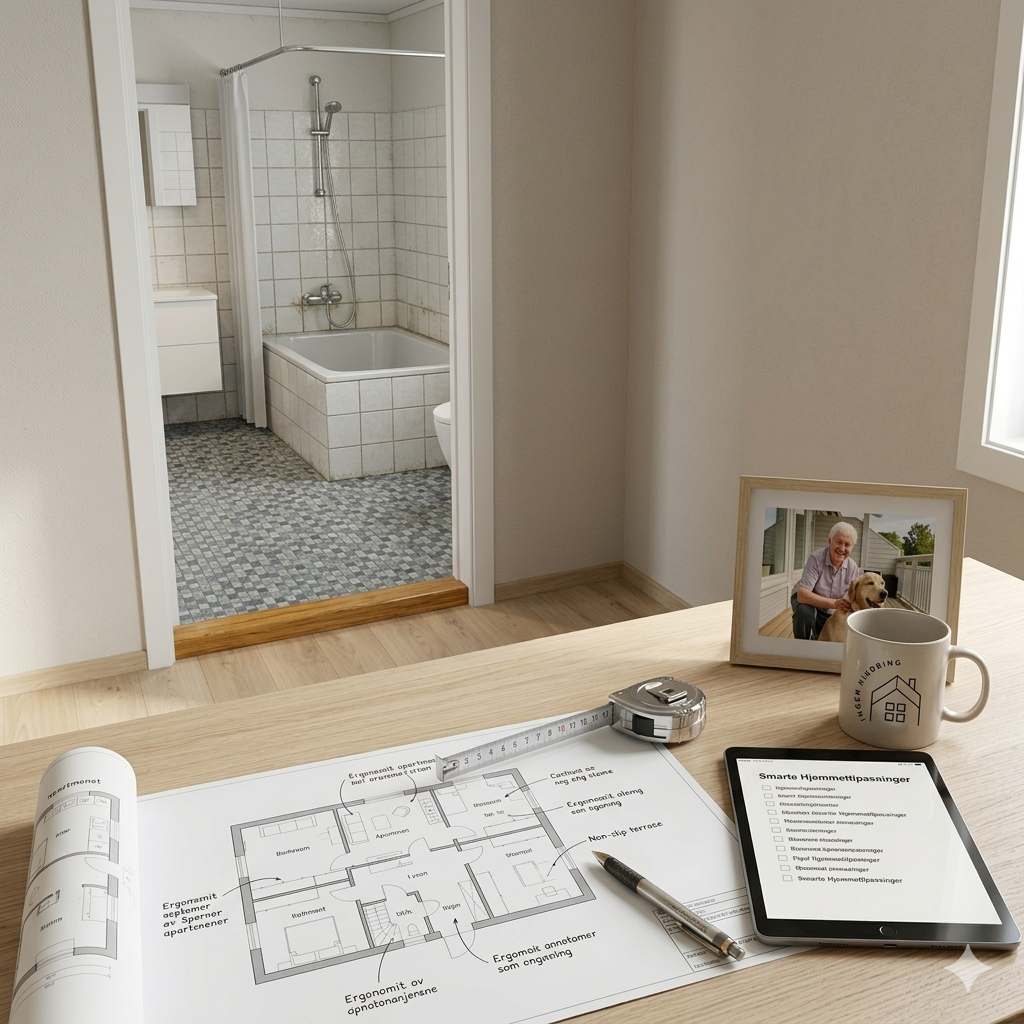 Bilde som viser et arbeidsbord med plantegninger, penn, målebånd og en kaffekopp med logoen "Ingen Hindring". I bakgrunnen et bad av eldre dato med dørterskel i tre.
