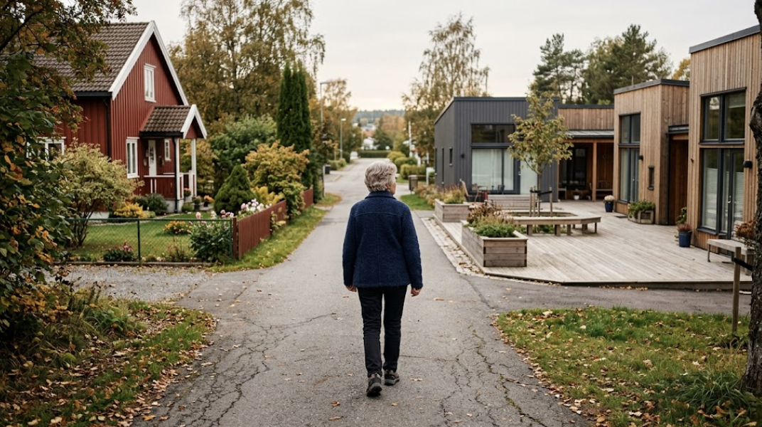 Eldre kvinne med kort grått hår og blå genser sett bakfra, går alene på en gangvei i et boligfelt. Et eldre, rødmalt hus ligger på venstre side, og et moderne, tilrettelagt bygg ligger på høyre side. Høstløv på bakken.