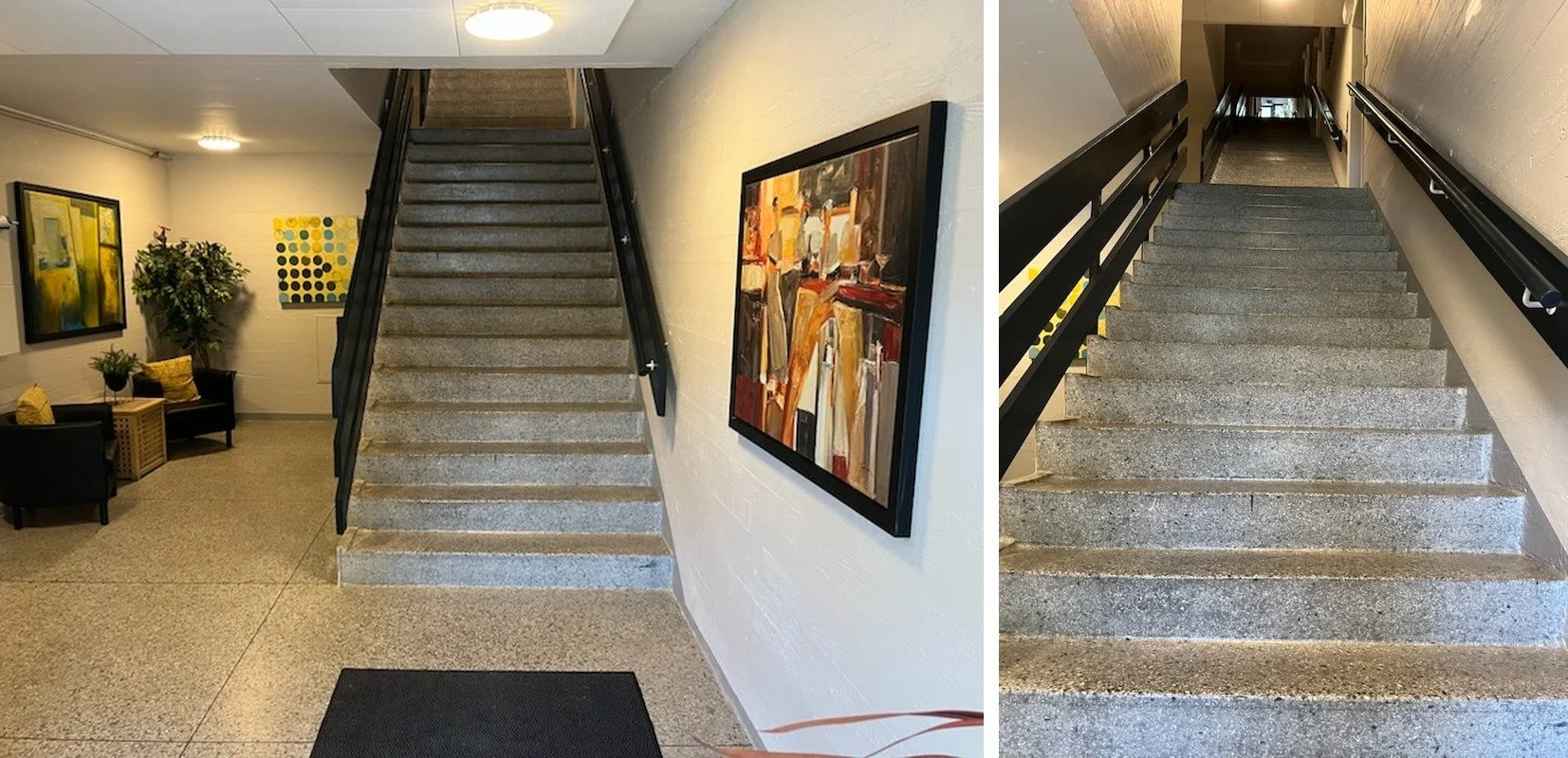 To bilder side om side. Til venstre et inngangsparti i en boligblokk med sittegruppe, kunst på veggene og en bred trapp opp. Til høyre en lang, rett trapp i lys stein med håndløper på begge sider, som fortsetter oppover etter et repos.