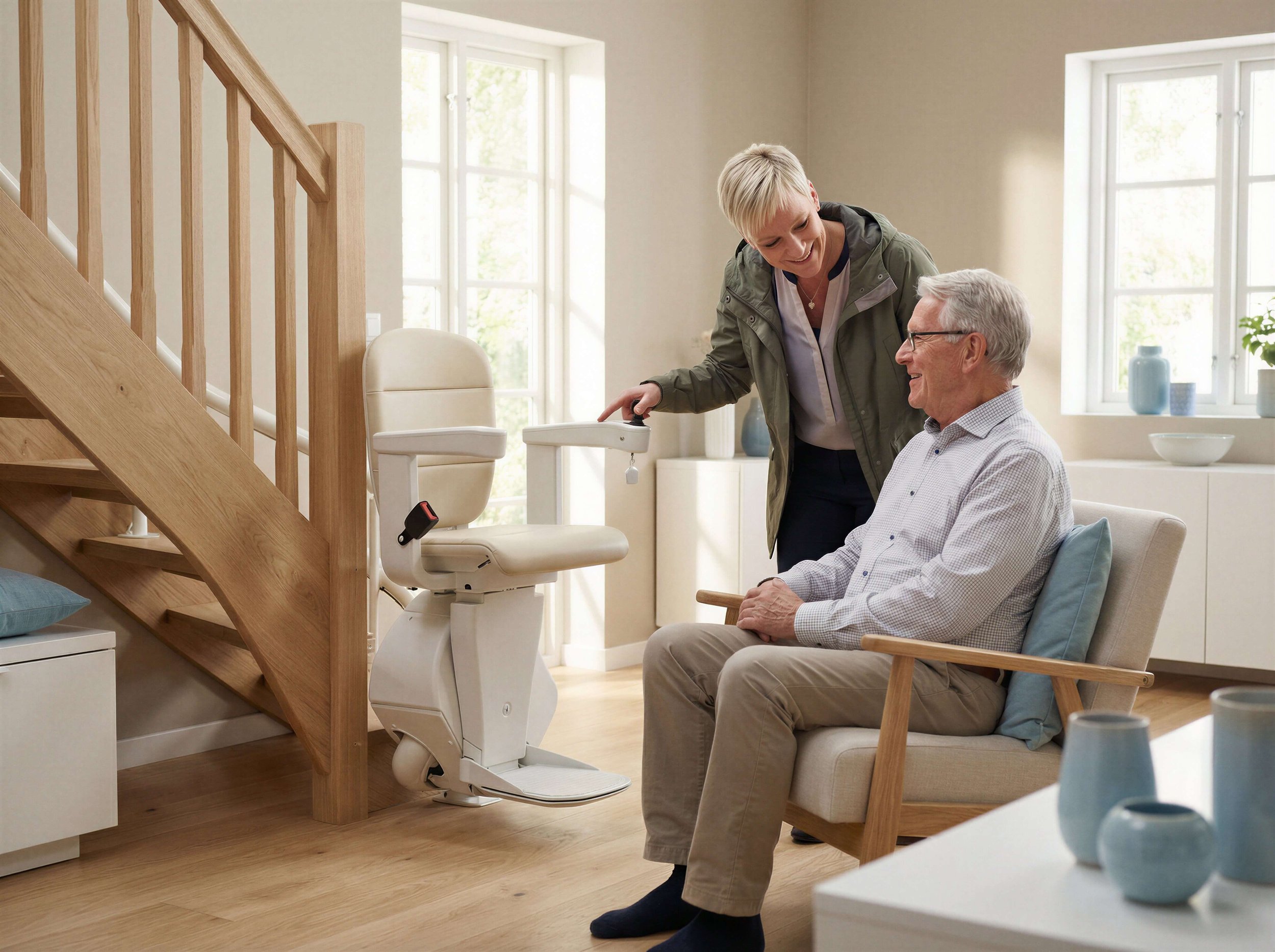 Ergoterapeut som viser frem en trappeheis til en man som sitter på en stol.