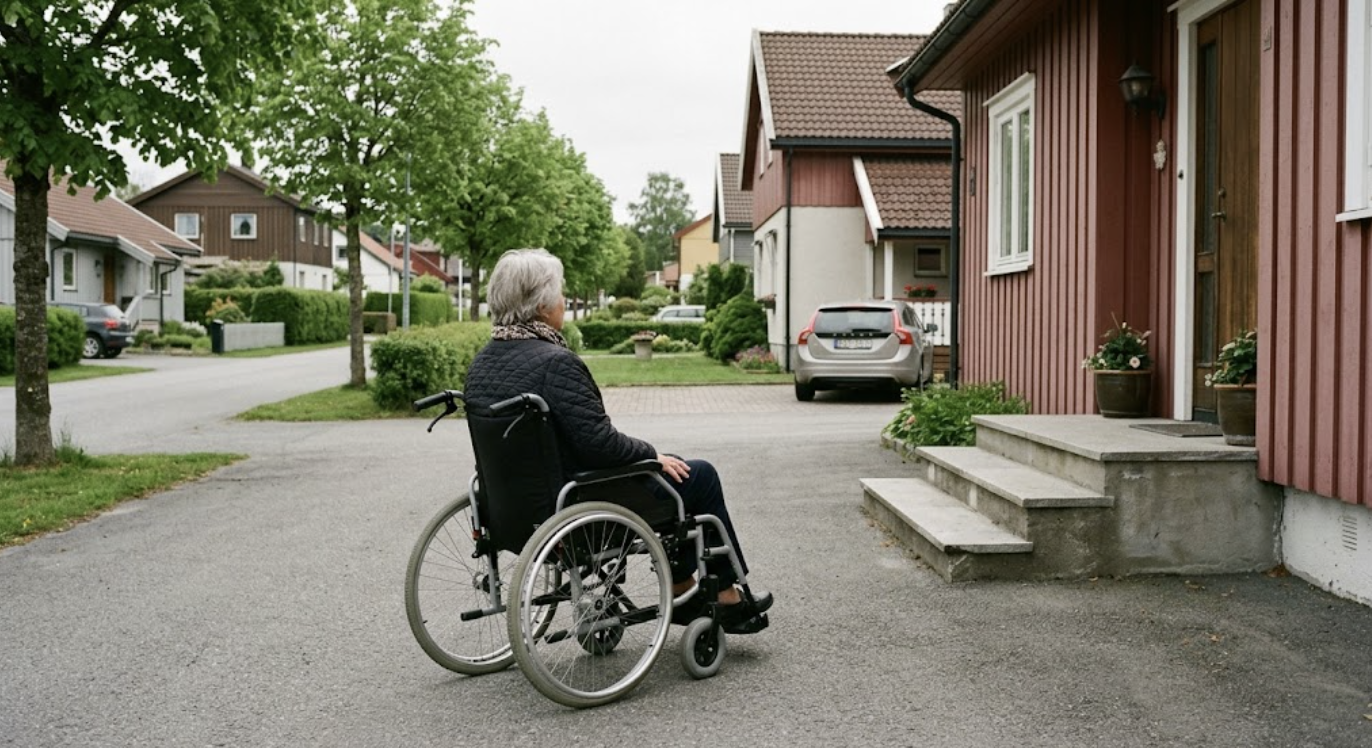 En kvinne i rullestol ser mot inngangstrappen til huset sitt, med nabolaget synlig i bakgrunnen.