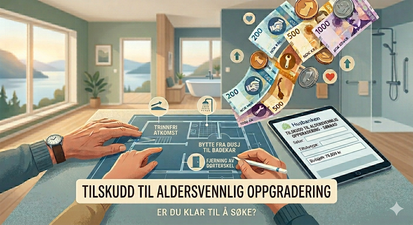 Tre hender og penn over plantegning. Ipad med  søknadsskjema for tilskudd. Pengesedler over.