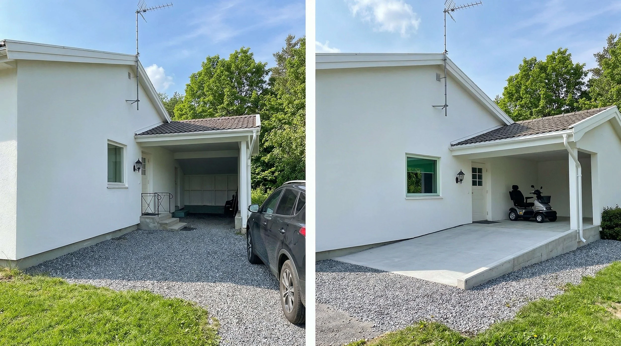 Før og etter: Trinnfri atkomst oppnådd ved å heve gulvet i carporten og støpe et skråplan fra bakkenivå – uten rampe og uten å miste plassen til bilen.