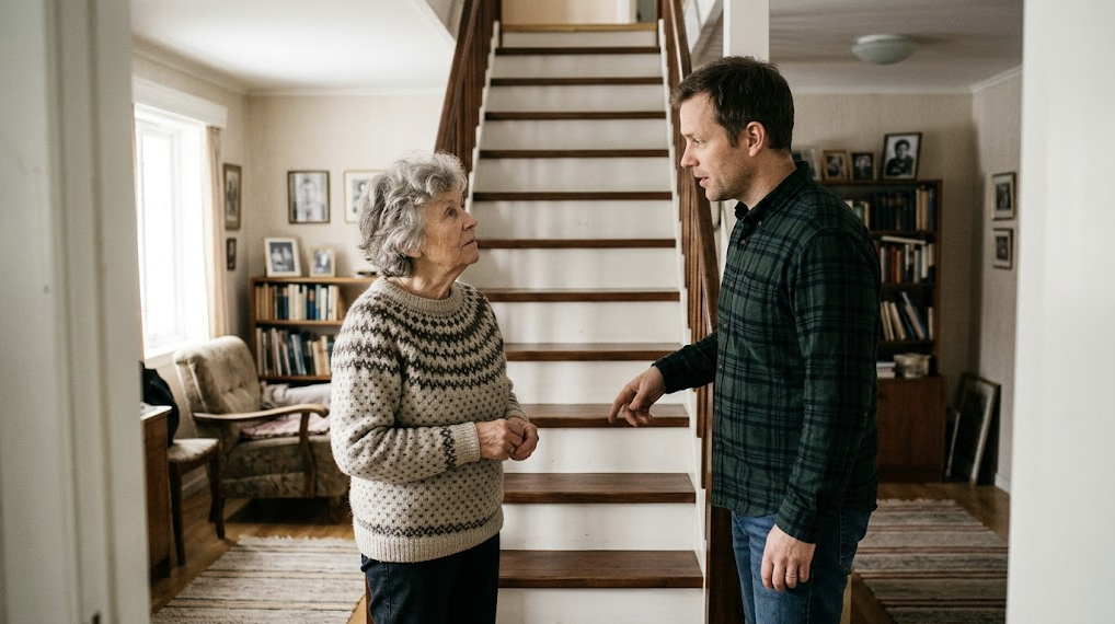 En eldre kvinne i strikkegenser og en voksen sønn står ved foten av en bratt trapp i en stue og snakker sammen. Rundt dem er bokhyller, innrammede familiebilder og en lenestol.
