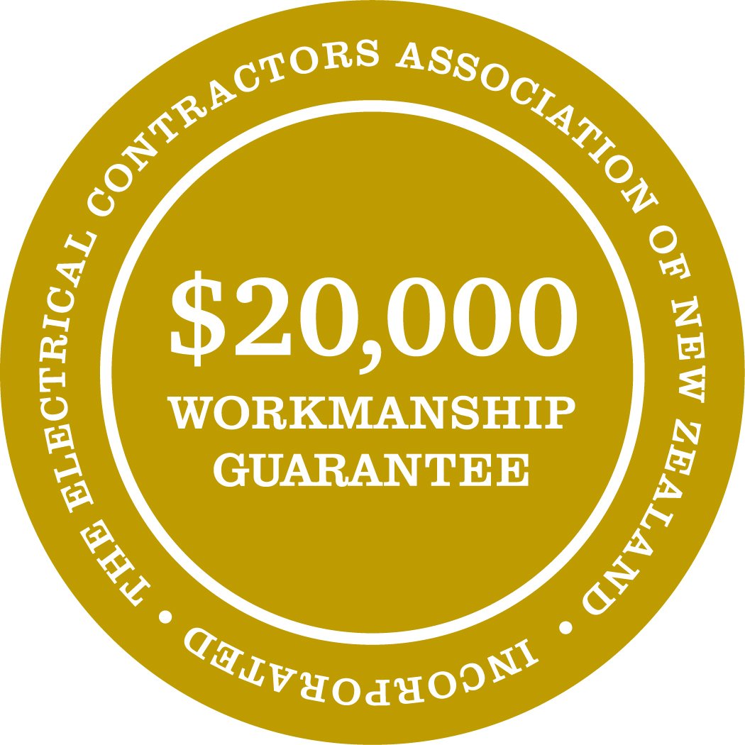Gold badge with white text that says '$20,000 Workmanship Guarantee' and encircling text in white reads 'The Electrical Contractors Association of New Zealand Inc. Incorporated of New Zealand'.