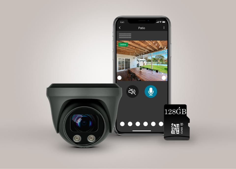 Security camera, smartphone showing a porch view, and a 128GB microSD card.