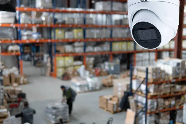 Security camera overlooking a warehouse with workers and stacked pallets.