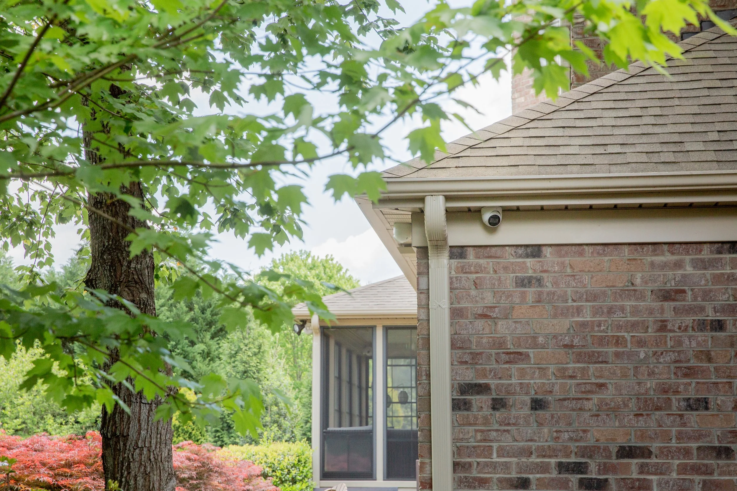 A view of a brick house with a security camera mounted on it, partially obscured by green tree leaves, with a lawn and red flowers in the background.
