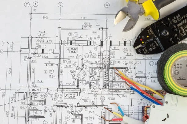 An engineering blueprint with a pair of yellow-handled wire cutters, a measuring tape, and some electrical wires on top.