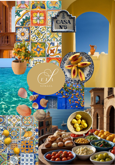 Composition d'images colorées représentant une maison, des plats de nourriture, un vase de fleurs, un panneau 'CASA N°5', et des motifs de carreaux espagnols ou marocains, évoquant une ambiance méditerranéenne ou sud-européenne.