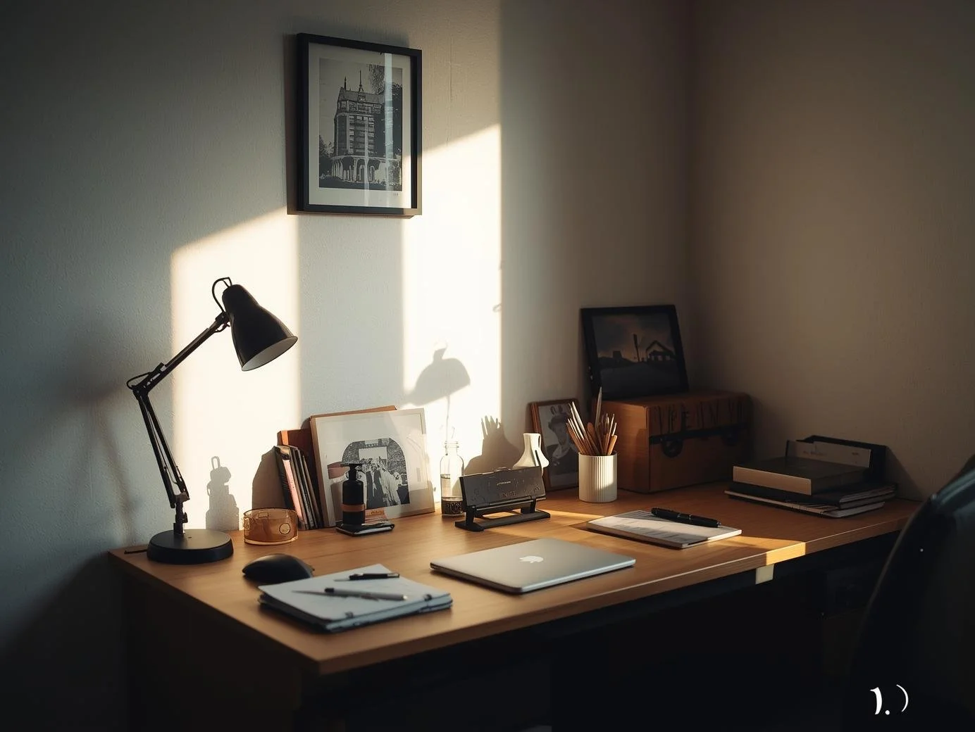 Un bureau en bois avec un lampadaire noir, un ordinateur portable, plusieurs cahiers, un stylo, une tablette, des dessins, une tasse avec des crayons, des cadres avec des photos ou des œuvres. La lumière naturelle illumine la surface du bureau, créant des ombres