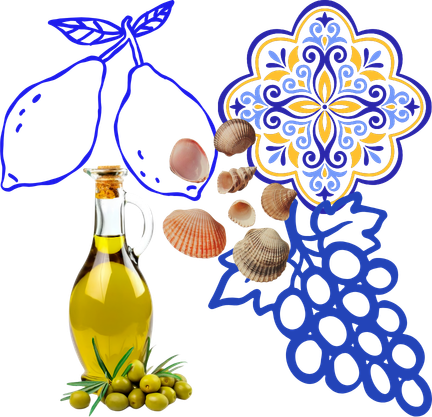 Une bouteille d'huile d'olive, des coquillages, et des décorations en papier de style Noël avec des motifs bleus et jaunes.