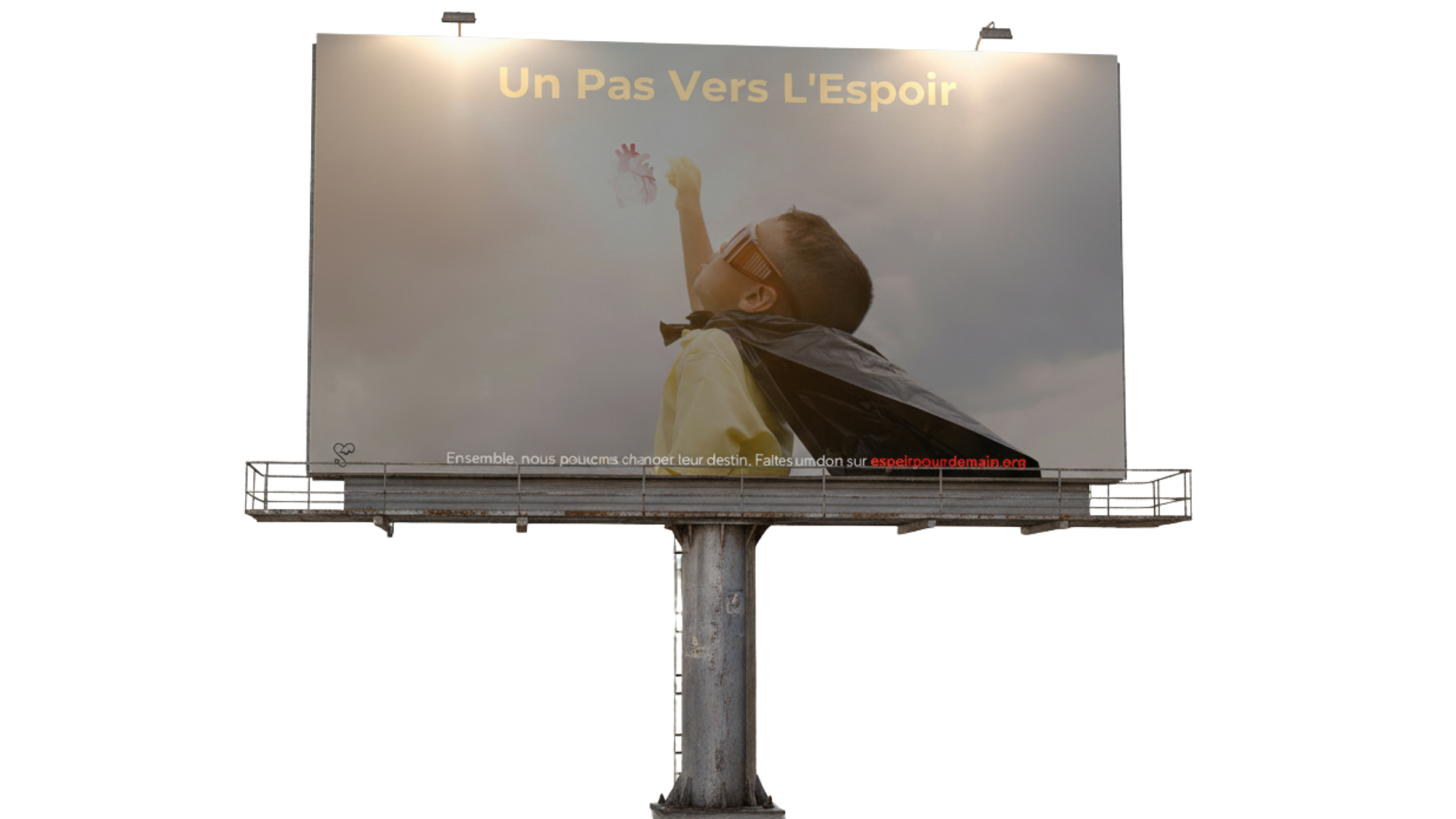 Une affiche sur un panneau publicitaire montrant un enfant portant un masque et une cape, levant le poing vers le ciel, avec le texte 'Un Pas Vers L'Espoir' au sommet.
