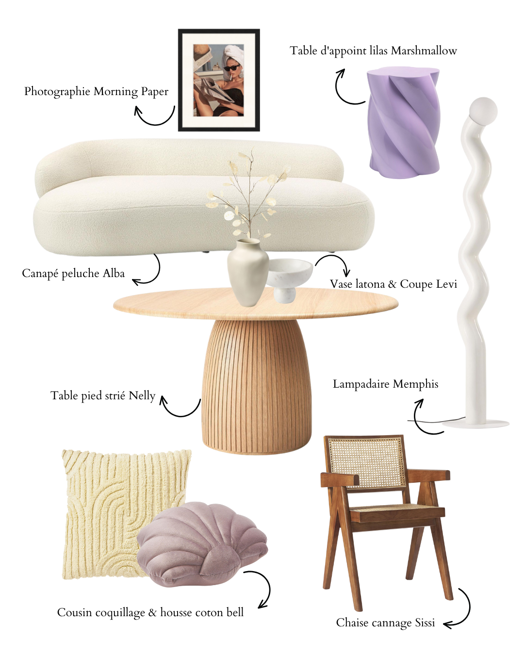 Un intérieur décoratif avec un canapé beige molletonné, une table en bois ondulée, une lampe blanche torsadée, un tableau avec une photo d'une femme en maillot de bain, une vase beige et une coupe, des coussins décoratifs, une lampe Memphis, une table d'appoint lilas et une chaise en bois.