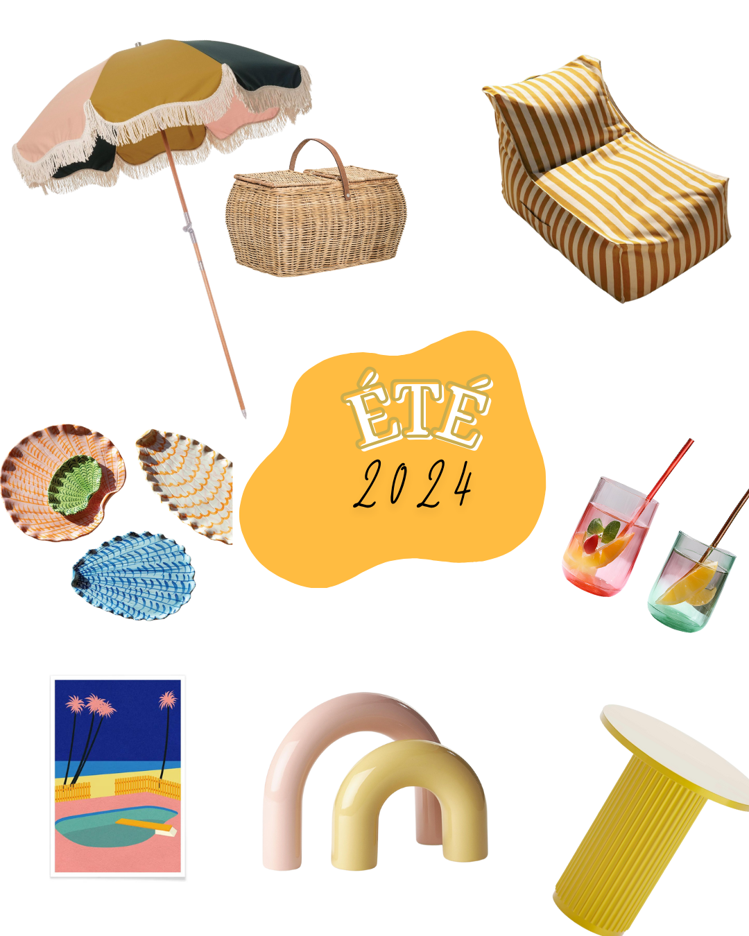Éléments d'été pour la saison 2024, comprenant un parasol, un panier en osier, un fauteuil pliant à rayures, trois coquillages colorés, deux verres de cocktails fruités, une affiche de plage avec palmiers, des formes décoratives en arcs pastel, et une table jaune