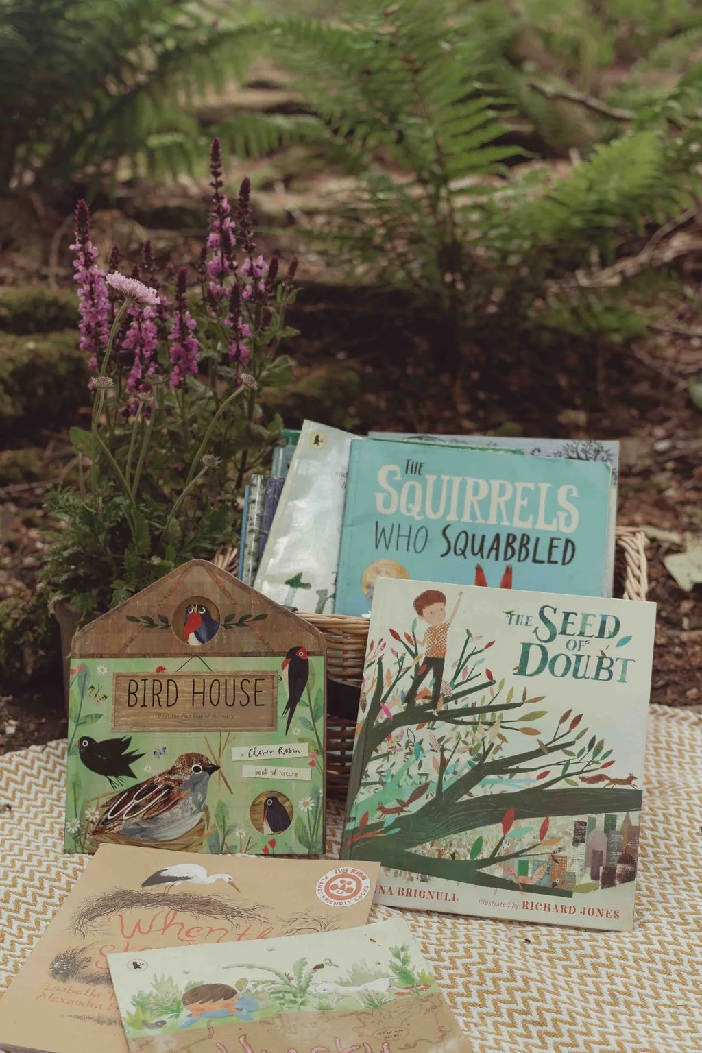 Books and magazines titled 'The Squirrels Who Squabbled' and 'The Seed of Doubt' are displayed in a basket outside among greenery and ferns, with a birdhouse-shaped book titled 'Bird House' and other illustrated books and papers nearby.