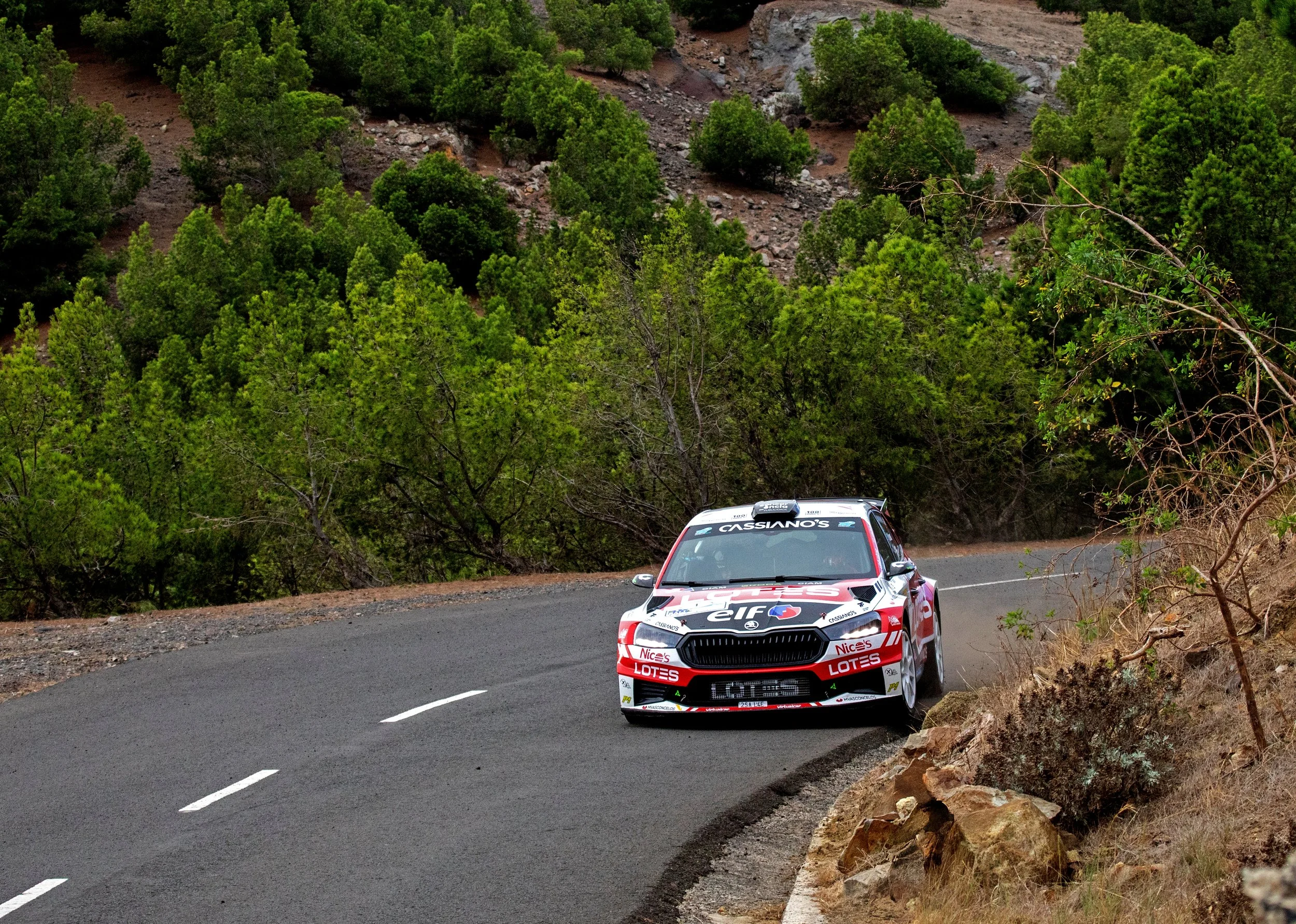 A race car navigating a sharp turn on a mountain road surrounded by green trees and rocky terrain.