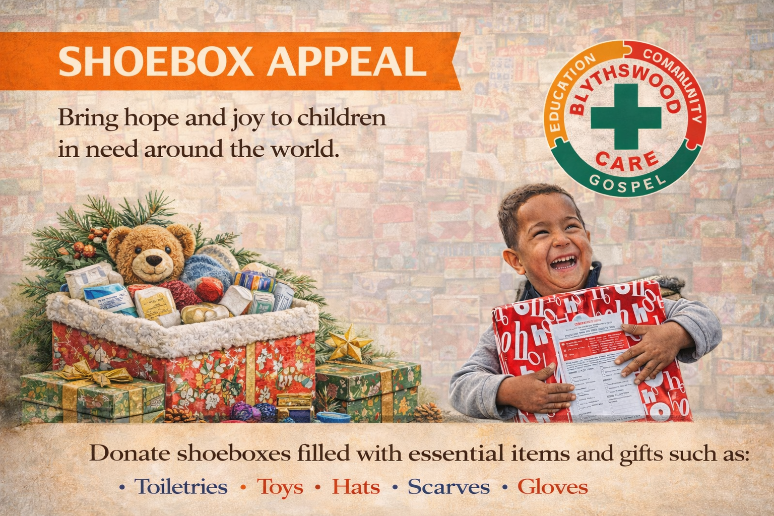 details of the shoebox appeal and a picture of a boy holding a present