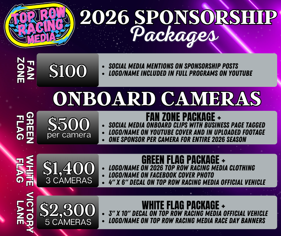 2026 sponsorship packages for Top Row Racing Media, including fan zone, onboard cameras, green flag, and white flag packages with prices and details.