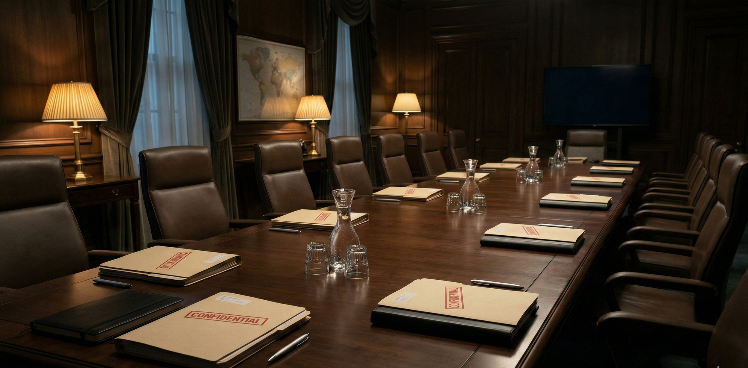 Secure government conference room with confidential files on table symbolizing classified intelligence briefings and covert policy decision-making.