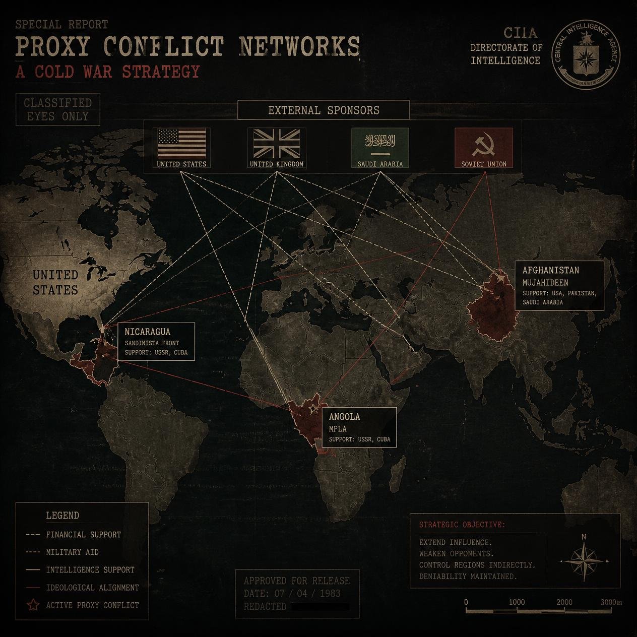 A historical map shows how civil wars in Angola, Afghanistan and Nicaragua became connected to wider Cold War rivalries and foreign intervention.