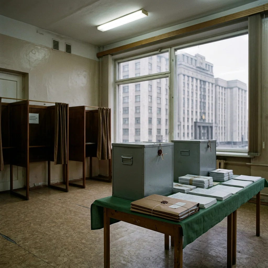 An empty polling station with ballot boxes, voting booths and election paperwork arranged normally, but a large government administrative building looms through the windows and one sealed results file sits under harsh light
