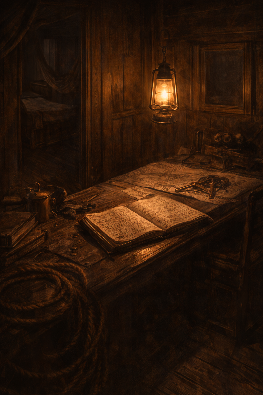 Interior of the Mary Celeste cabin with open logbook, nautical instruments and lantern light, illustrating theories behind the crew’s mysterious abandonment in 1872.