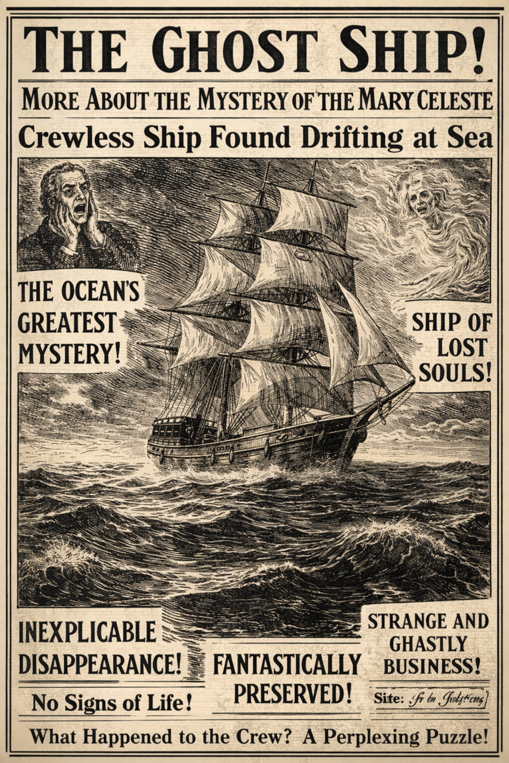 Vintage newspaper illustration of the Mary Celeste labeled “Ghost Ship,” depicting the abandoned vessel at sea and highlighting sensational headlines about its unexplained disappearance in 1872.