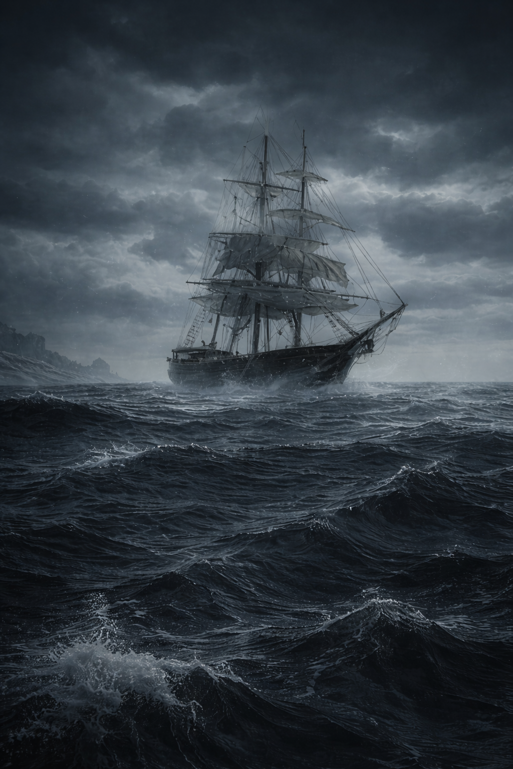 The Mary Celeste drifting abandoned in the Atlantic Ocean in 1872 under dark storm clouds during its mysterious disappearance.